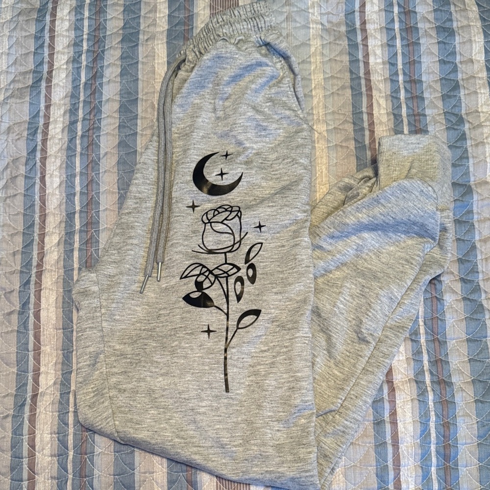 Gray Joggers with Black Floral Design
